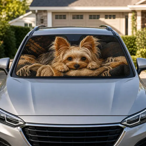 Realistic Yorkie Puppy On Cozy Blanket For Pet Lover Road Trips And Daily Commutes Car Sunshade