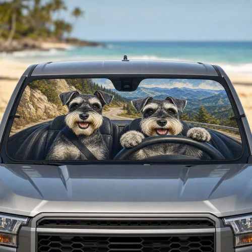 Miniature Schnauzers On Mountain Road Trip Adventure For Dog Lovers And Travelers Car Sunshade