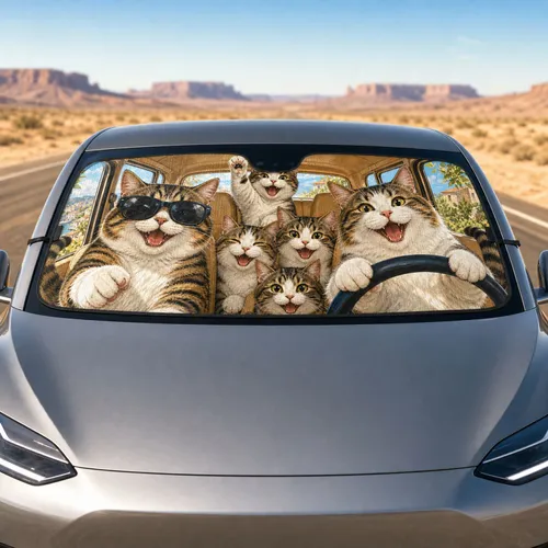 Funny Tabby Cats In Sunny Vehicle Cabin Playful Road Trip Decor Gift For Cat Lovers Car Sunshade