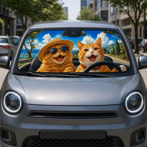 Joyful Orange Tabby Cats On Sunny Road Trip For Cat Lovers And Summer Vacationers Car Sunshade