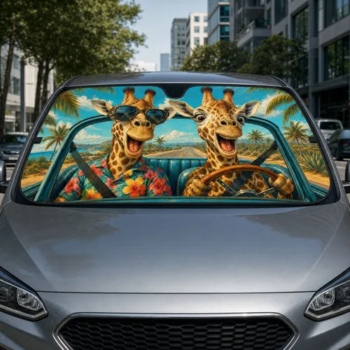 Tropical Road Trip Giraffes In Teal Cabin For Safari Lovers And Summer Travelers Car Sunshade