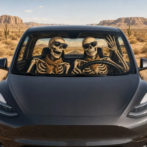 Skeleton Road Trip Duo In Desert Highway Cabin For Gothic Halloween Travel Lovers Car Sunshade