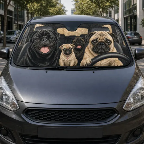 Pugs Riding In Cozy Cabin With Realistic Dog Lover Road Trip Decor Gift For Owners Car Sunshade