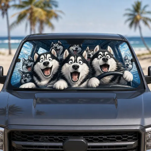 Husky Dog Pack Chaotic Road Trip Winter Cabin Scene For Dog Lovers And SUV Drivers Car Sunshade