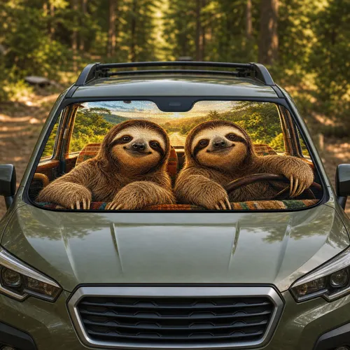 Realistic Sloth Road Trip Scene With Cozy Cabin Views For Nature Loving Daily Drivers Car Sunshade