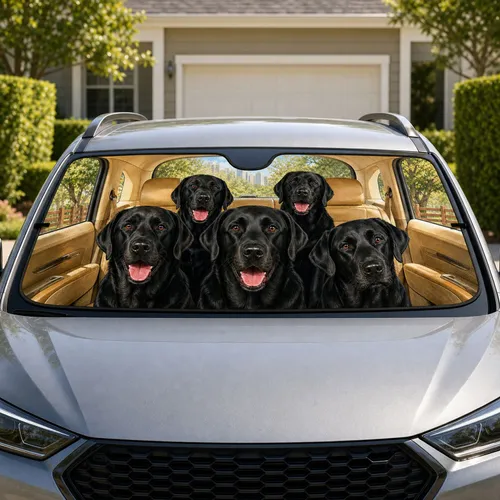 Five Black Labradors In Beige Cabin For Dog Lover Road Trip Decor And Pet Owners Car Sunshade