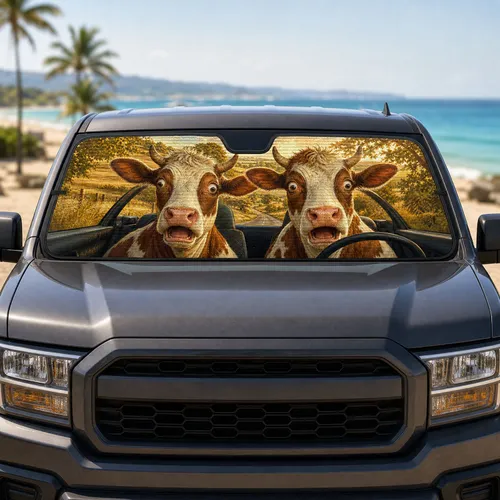 Startled Dairy Cows In Country Road Cabin For Funny Summer Driving And Farm Fans Car Sunshade