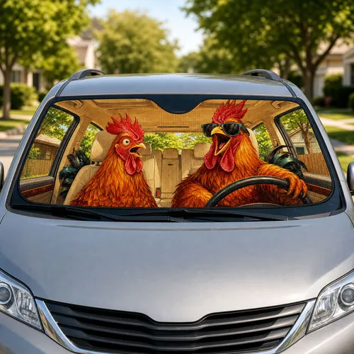 Funny Rooster Driver Scene For Summer Road Trips And Chicken Lovers Farmhouse Style Car Sunshade