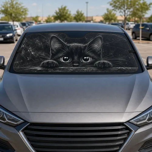 Peeking Black Kitten With Luminous Eyes For Moody Gothic Travel And Night Drives Car Sunshade