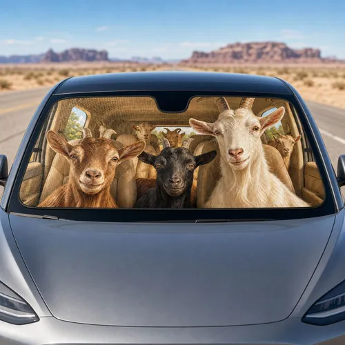Realistic Goats In Beige Cabin Funny Farm Animal Road Trip Decor For Goat Lovers Car Sunshade