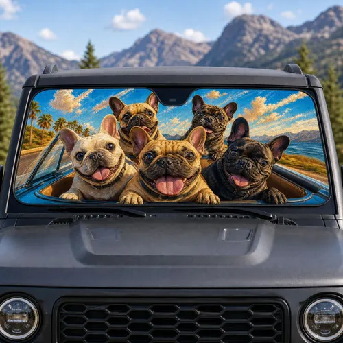 Funny French Bulldog Pack Road Trip Scene With Sunset Sky For Dog Lovers And Travelers Car Sunshade
