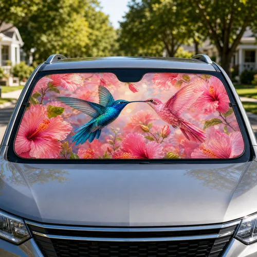 Turquoise Pink Hummingbirds With Hibiscus Blooms For Summer Drives And Nature Lovers Car Sunshade