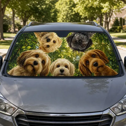 Five Shaggy Dogs Peeking Through Forest Leaves For Family Road Trip Fun And Dog Lovers Car Sunshade