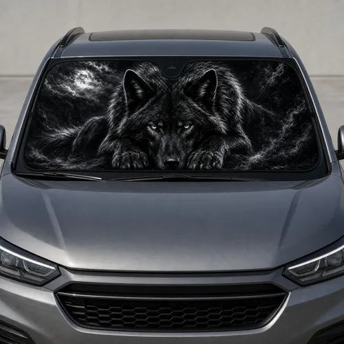 Realistic Black Wolf Moonlit Wildlife Theme For Gothic Outdoor Lifestyle Drivers Car Sunshade