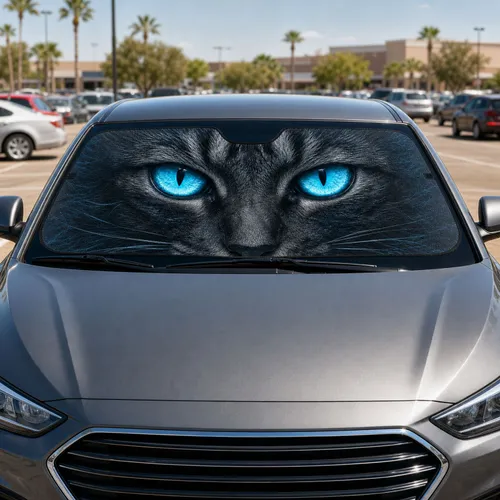 Glowing Cyan Cat Eyes Dark Tabby Fur Dramatic UV Heat Shield Gift For Cat Lovers Car Sunshade