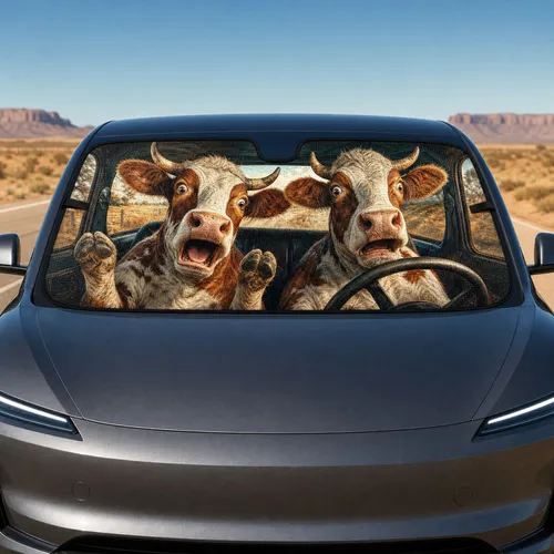 Startled Dairy Cows Road Trip Scene For Farmhouse Humor And Country Life Drivers Car Sunshade
