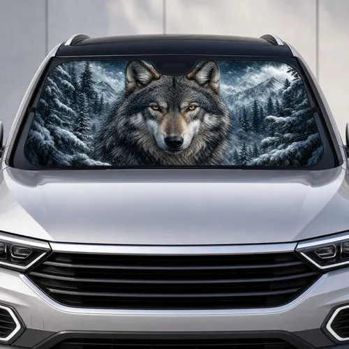 Realistic Gray Wolf In Snowy Pine Forest For Wilderness Road Trips And Wolf Lovers Car Sunshade