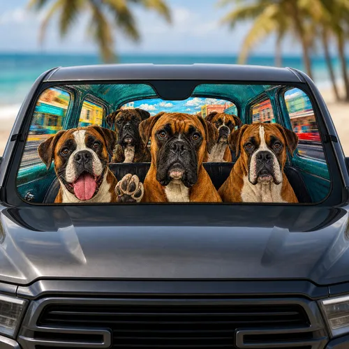 Five Boxer Dogs In Teal Cabin Road Trip Scene For Playful Dog Lovers And Pet Families Car Sunshade