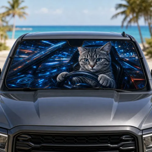 Realistic Gray Tabby Cat In Neon Sci Fi Cockpit For Night Drives And Road Trip Fans Car Sunshade