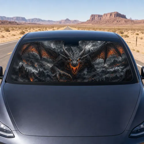 Dark Fantasy Dragon Roaring In Storm Clouds With Ember Eyes Gothic Mountains For Fans Car Sunshade