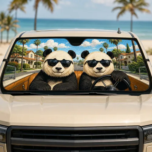 Sunglasses Panda Duo In Retro Road Trip Interior For Suburban Summer Travel Lovers Car Sunshade