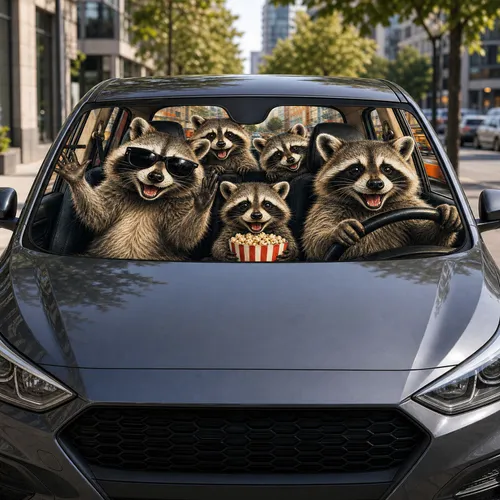 Raccoon Family Road Trip Cabin Adventure For Travel Lovers And Fun Wildlife Fans Car Sunshade