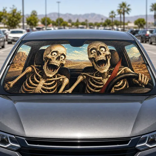 Startled Skeleton Road Trip Duo Desert Highway Gothic Halloween Humor For Drivers Car Sunshade