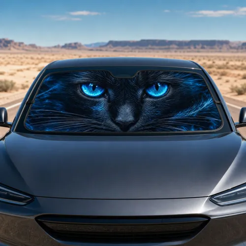 Mystical Black Cat With Glowing Blue Eyes For Gothic Night Drives And Cat Lovers Car Sunshade