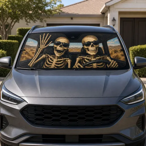 Sunglasses Skeleton Road Trip Desert Cabin Scene For Spooky Halloween Travel Fans Car Sunshade