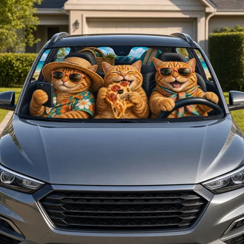Orange Tabby Cats Pizza Road Trip Coastal Cabin Summer Travel Gift For Cat Lovers Car Sunshade