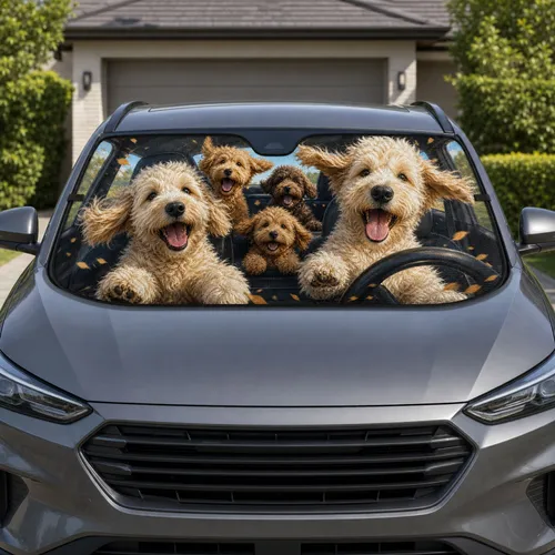 Fluffy Puppy Road Trip Scene With Cozy Cabin Vibes For Dog Lovers And Pet Families Car Sunshade