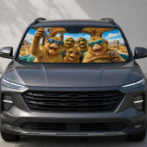 Laughing Sunglasses Monkeys On Desert Road Trip For Fun Family Travel Adventure Lovers Car Sunshade