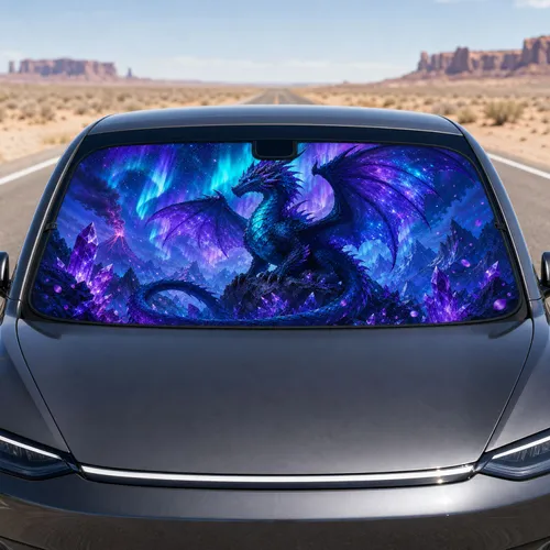 Majestic Sapphire Dragon In Aurora Crystal Valley For Fantasy Road Trip Decor Fans Car Sunshade