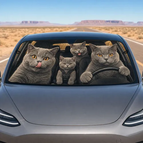 Realistic Gray Cats Driving In Cozy Cabin Gift For Cat Lovers And Road Trip Fans Car Sunshade