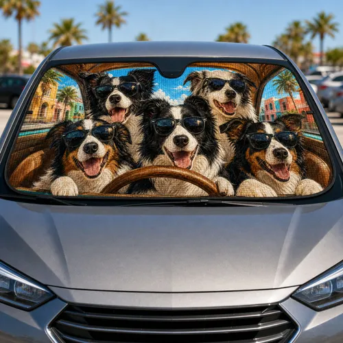 Happy Border Collie Dogs In Sunglasses For Road Trip Humor And Dog Lover Adventures Car Sunshade