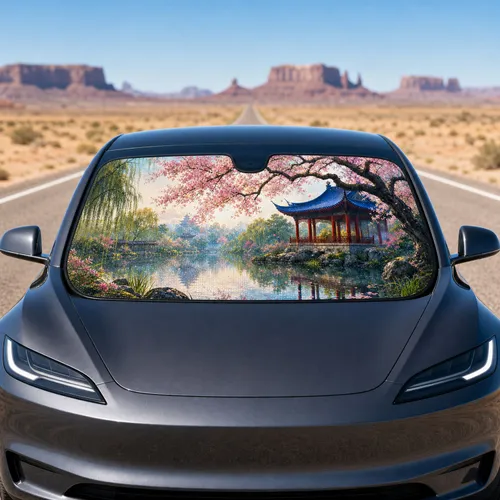 Cherry Blossom Pavilion Lake Scene For Zen Spring Travel And Garden Lovers Gift Idea Car Sunshade