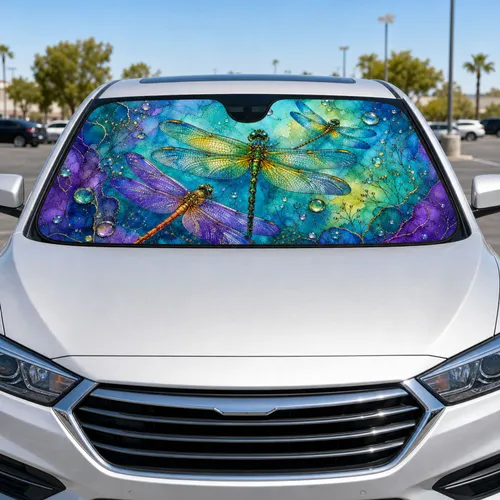 Jewel Toned Dragonflies And Aqua Water Droplets For Vibrant Nature Lover Daily Style Car Sunshade