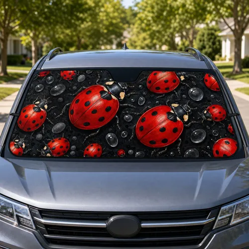 Red Ladybugs On Black Charcoal Dew Drops For Summer Road Trips And Nature Lovers Car Sunshade