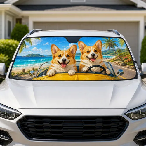 Joyful Corgis In Tropical Beach Cruiser For Coastal Summer Road Trips And Dog Lovers Car Sunshade