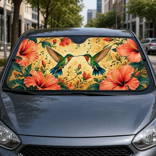 Hummingbird Hibiscus Tropical Music Notes Summer Travel Decor Gift For Bird Lovers Car Sunshade