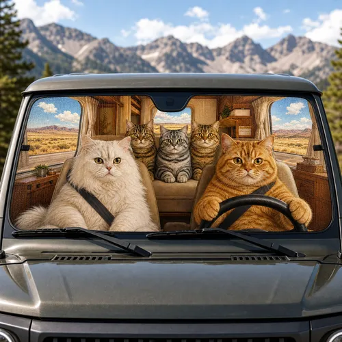 Five Cats In Cozy Camper Cabin Desert Road Trip Adventure For Cat Lovers And RV Travelers Car Sunshade