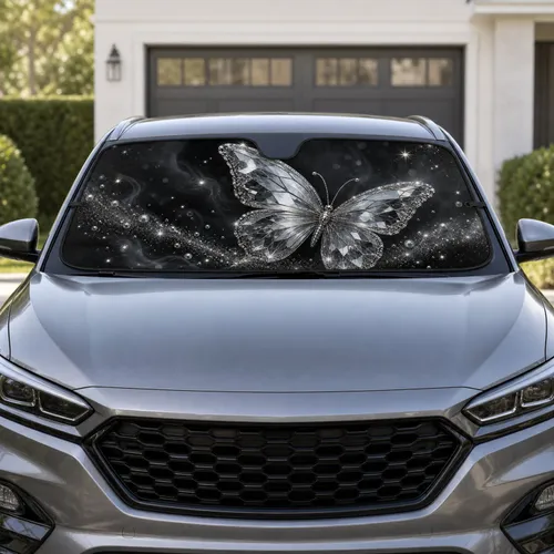Silver Crystal Butterfly With Black Smoky Glam Sparkles For Luxury Travel Interior Decor Car Sunshade