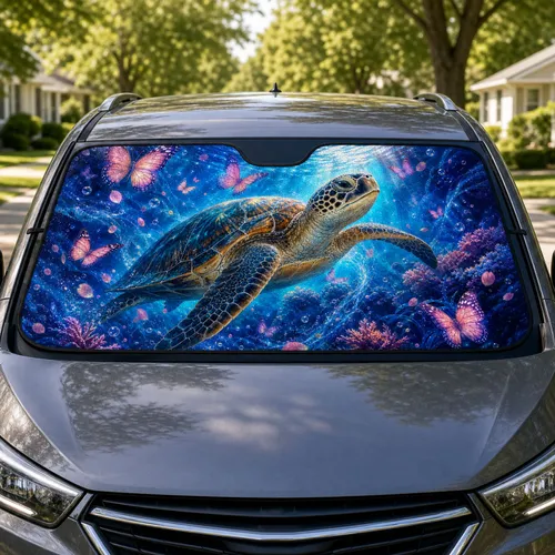 Sea Turtle With Pink Butterflies Ocean Fantasy Decor For Beach Trips And Daily Travel Car Sunshade