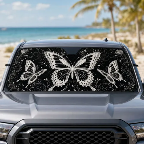 Monochrome Gothic Butterfly With Lace Wings For Dark Nature Aesthetic Travel Lovers Car Sunshade