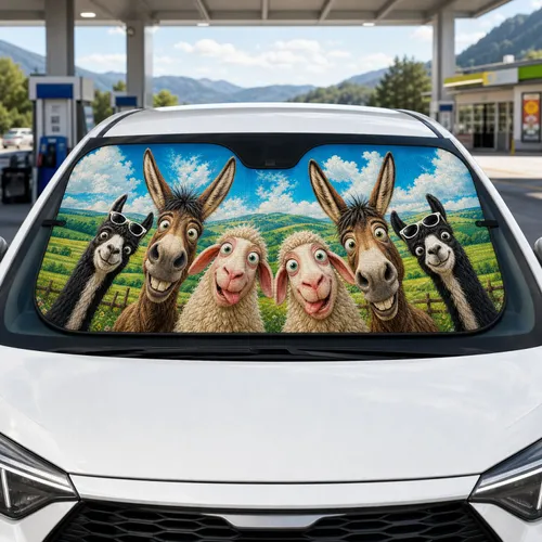 Goofy Farm Animals With Sheep Donkeys And Llamas For Funny Road Trip Vibes Family Drivers Car Sunshade