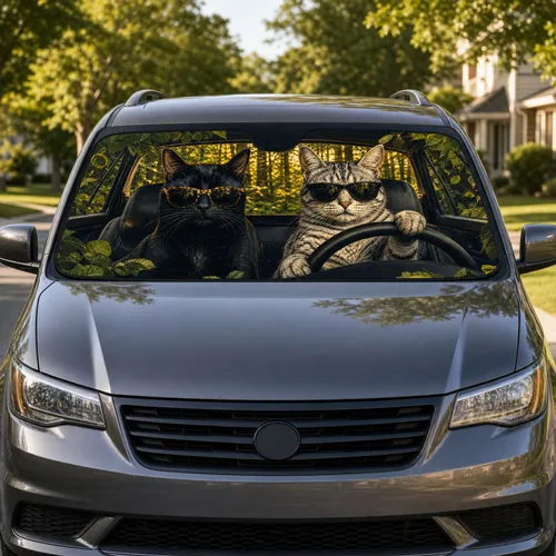 Cool Sunglasses Cats In Forest Road Trip Scene For Funny Pet Lover Summer Drives Car Sunshade
