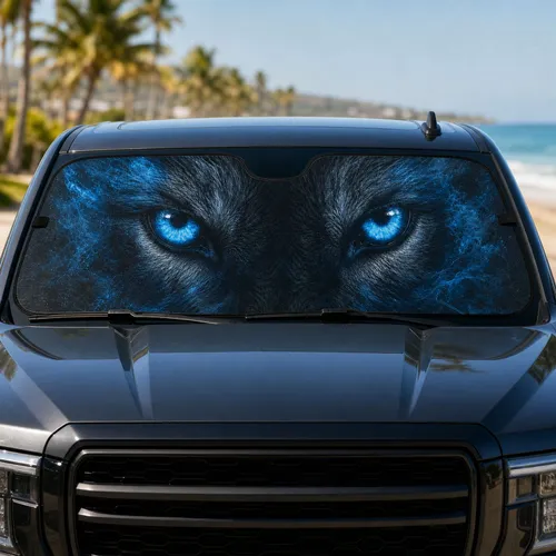 Electric Blue Predator Eyes In Midnight Darkness For Gothic Night Drive Enthusiasts Car Sunshade