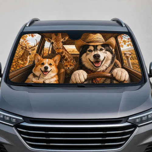 Cowboy Husky And Corgi Safari Road Trip Animals For Autumn Adventure Humor Lovers Car Sunshade