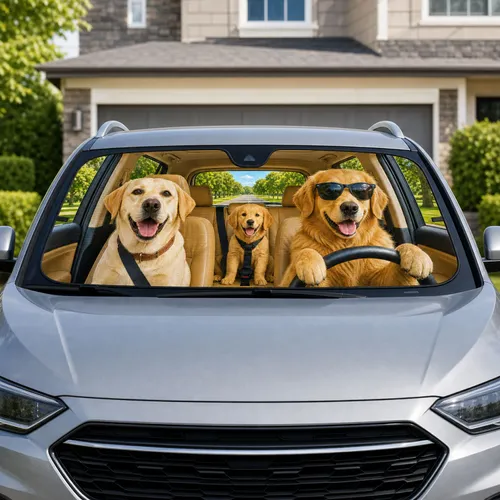 Golden Retriever And Yellow Lab Road Trip Dogs Driving Scene For Summer Travel Pet Lovers Car Sunshade