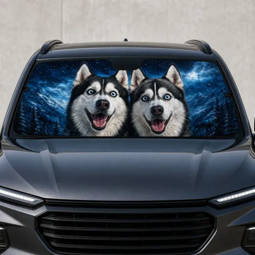 Realistic Siberian Husky Duo With Icy Blue Winter Glow For Dog Lovers And Road Trips Car Sunshade